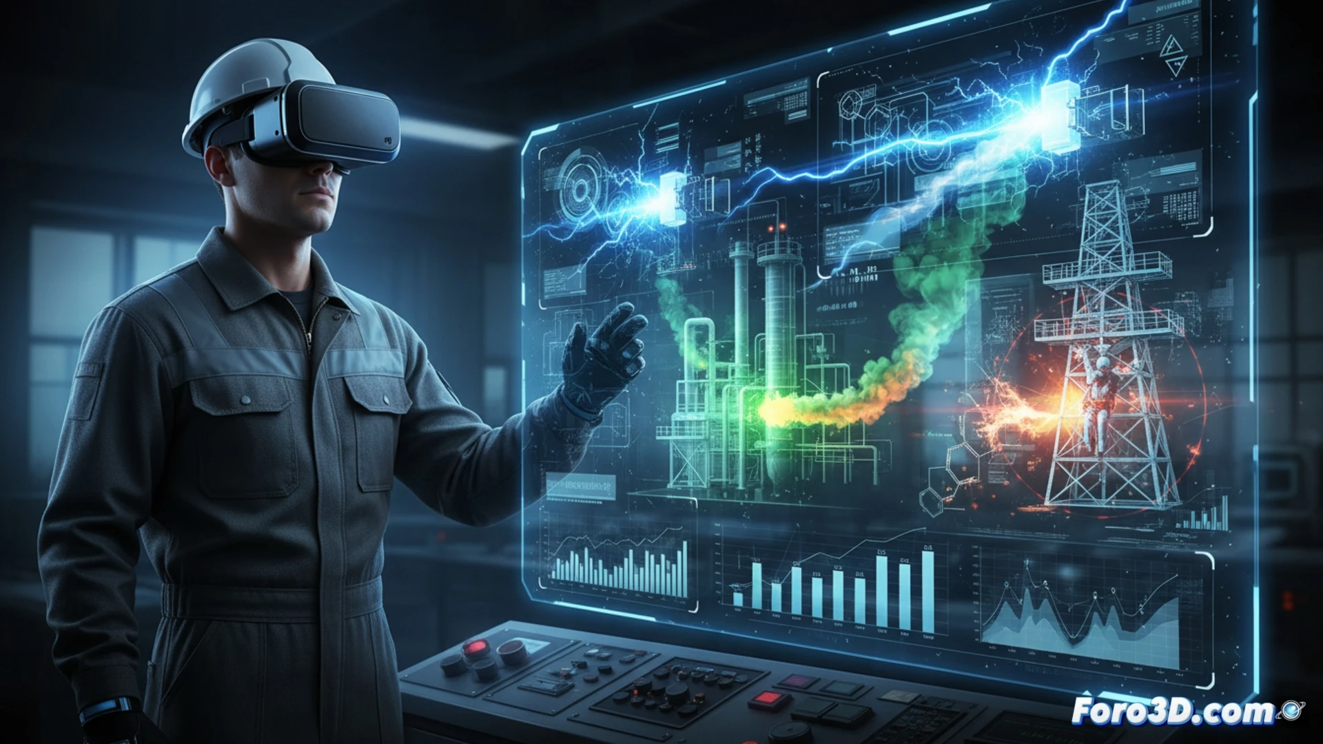 Ingeniero energético revisa gemelo digital 3D de planta industrial para simular riesgos laborales y mejorar seguridad