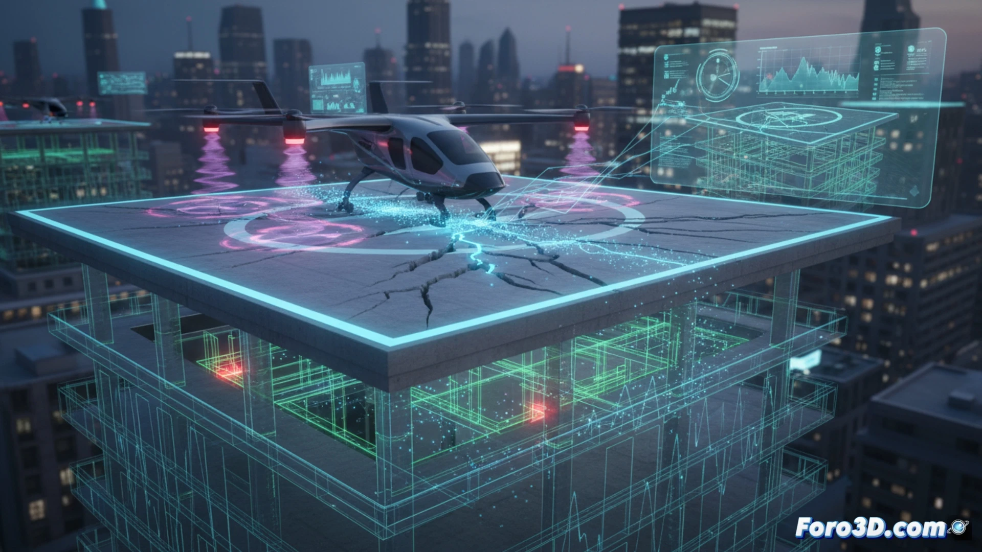 Grieta estructural en plataforma de aterrizaje de azotea para eVTOL, con modelo 3D de gemelo digital superpuesto