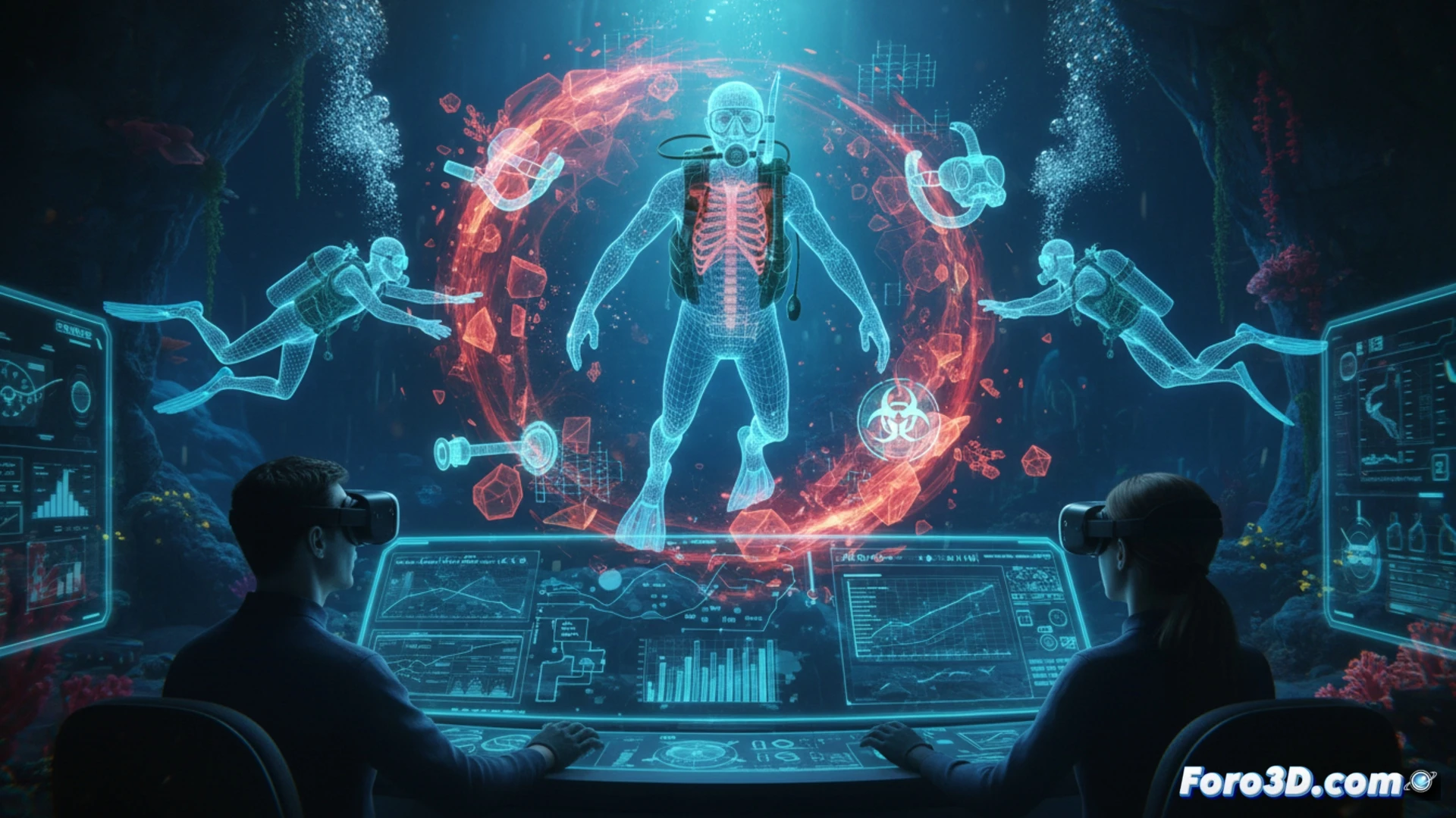 Simulación 3D de instructor de buceo en emergencia subacuática con equipo de rescate y burbujas de aire