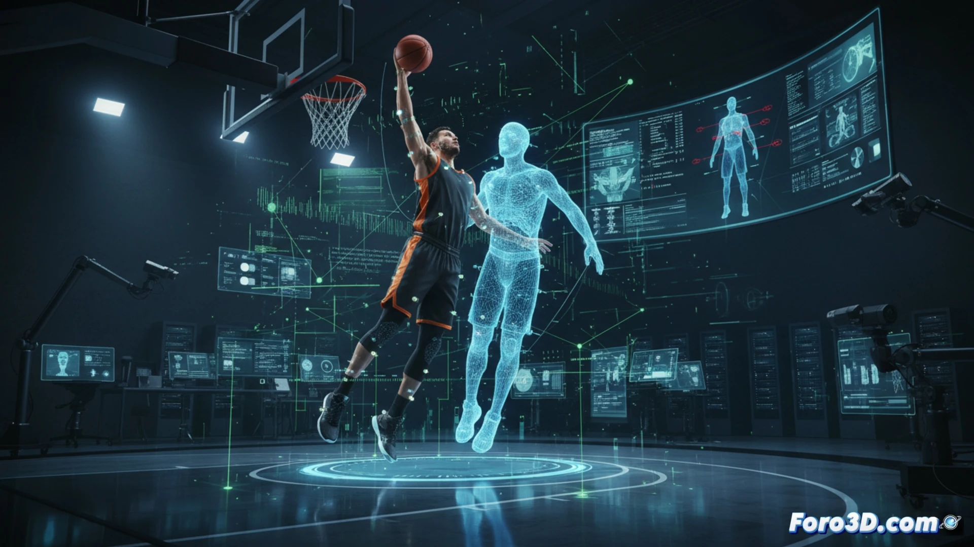 Gemelo digital biomecánico analizando salto de baloncestista para prevención de lesiones con captura 3D