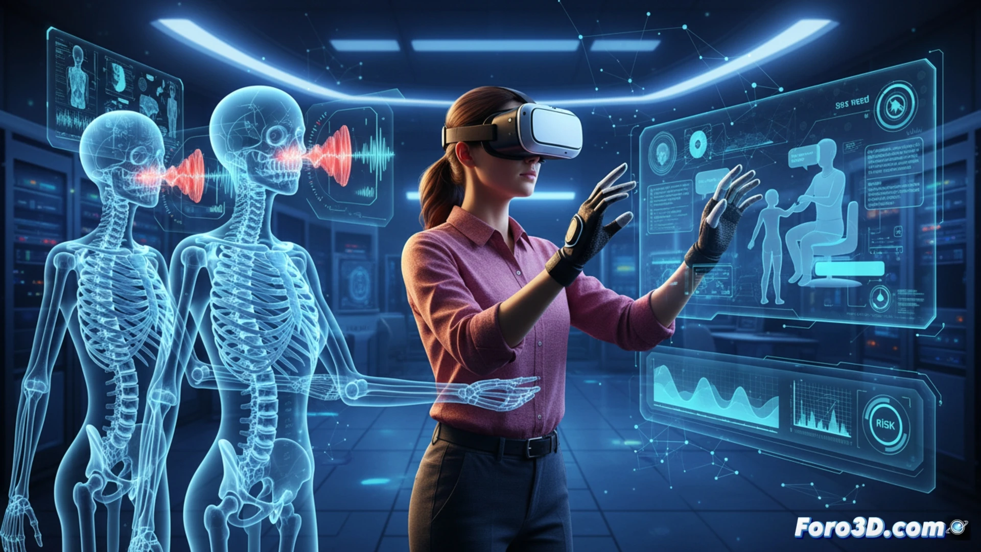 Simulación 3D de gemelo digital mostrando postura ergonómica correcta para logopedas en consulta virtual