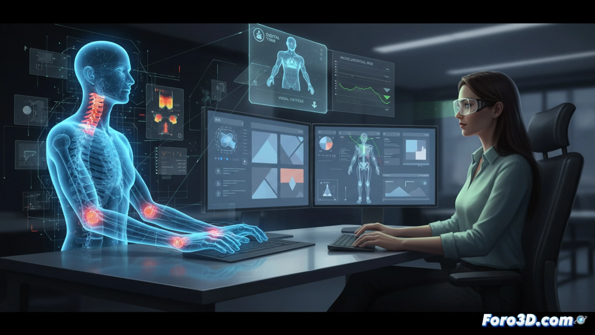 Simulación 3D de postura ergonómica para diseñador UI con gemelo digital y análisis de fatiga visual