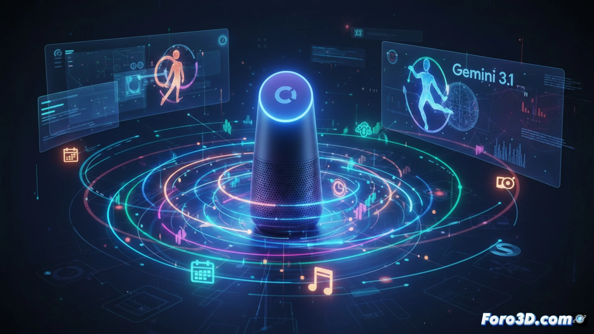 Una casa inteligente iluminada con un altavoz Google Home brillando en azul, mientras un reloj y un calendario digital muestran tareas combinadas sin repetición.