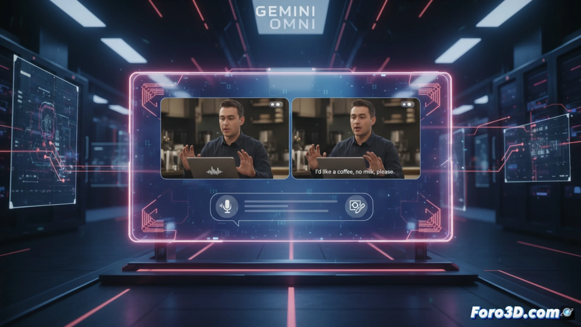 photorealistic scene of a video editing interface showing two frames side by side, left frame with a person ordering coffee at a counter, right frame with the same person holding an empty cup while speaking, a glowing digital pipeline connecting both frames, subtle waveform lines and audio equalizer bars floating nearby, cinematic lighting with blue and orange tones, sleek modern workspace with a tablet and stylus on a desk, technical illustration style, clean lines, high contrast, demonstrating real-time video transformation through natural language commands, process of editing without visible text or numbers