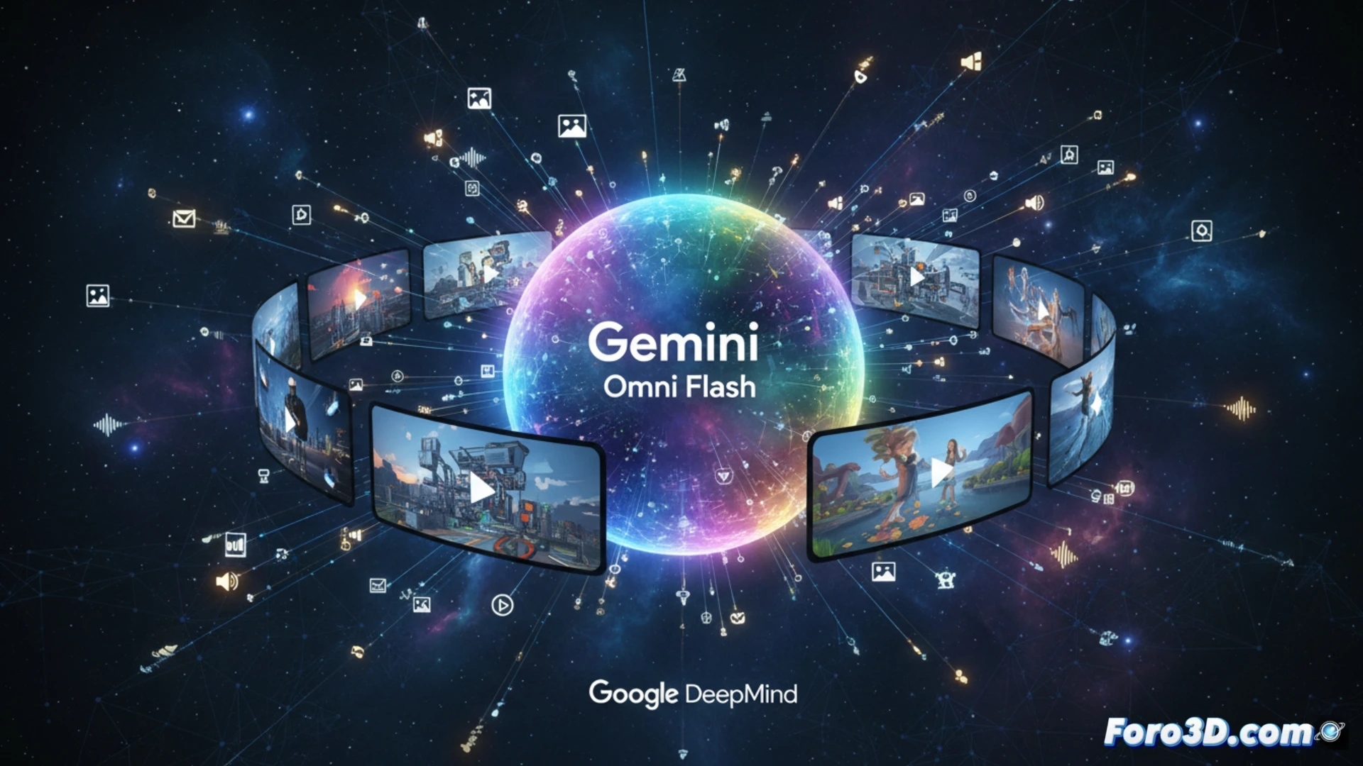 photorealistic technical scene of a glowing holographic globe surrounded by floating multimedia data fragments, a human hand reaching toward a translucent video creation interface, while streams of text, audio waveforms, and photographic thumbnails merge into a cinematic video clip, the globe displaying simulated physics trajectories like falling leaves and flowing water, dark studio environment with blue and cyan neon lighting, reflective surfaces on a sleek workstation, volumetric light beams passing through the hologram, ultra-detailed futuristic hardware panels in the background, engineering visualization style