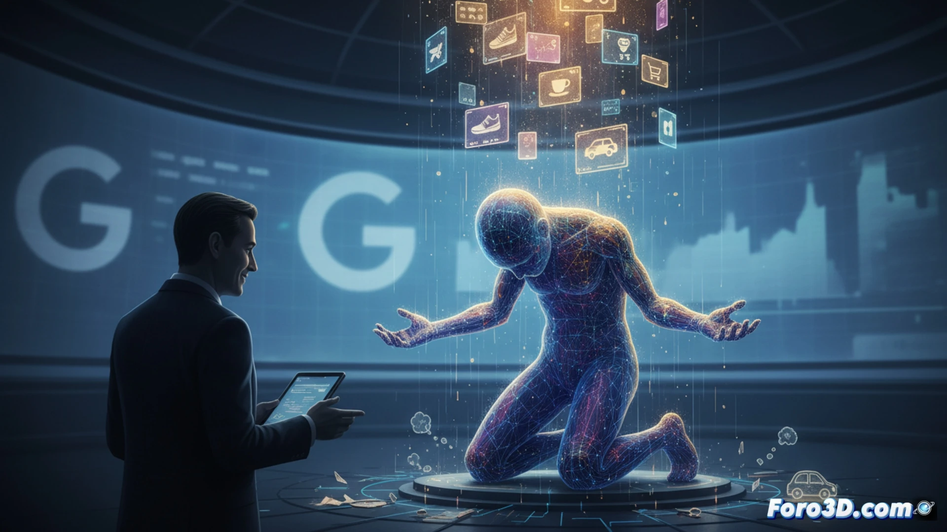 Un chatbot de Google, con el logo de Gemini, muestra un anuncio patrocinado entre respuestas de texto en una conversación de compras.