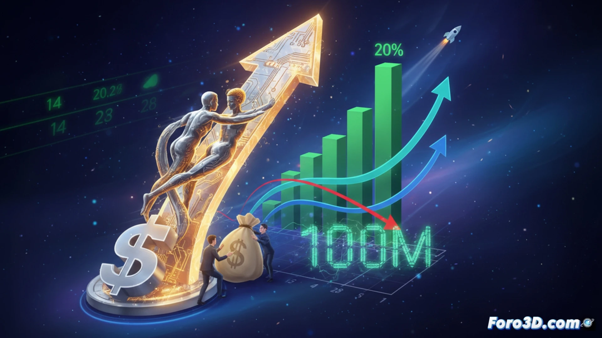 Gemini cryptocurrency exchange dashboard showing green price chart surging upward while a digital coin icon floats above, two founders in business suits injecting a glowing 100M token stream into the platform server rack, server cooling fans spinning rapidly under load, green laser beams tracing stock price movement from 14 to 28 dollar mark on a monitor, cinematic financial visualization, dark server room with blue LED lighting, holographic quarterly loss report shrinking in background, motion blur on rising graph line, photorealistic technical render