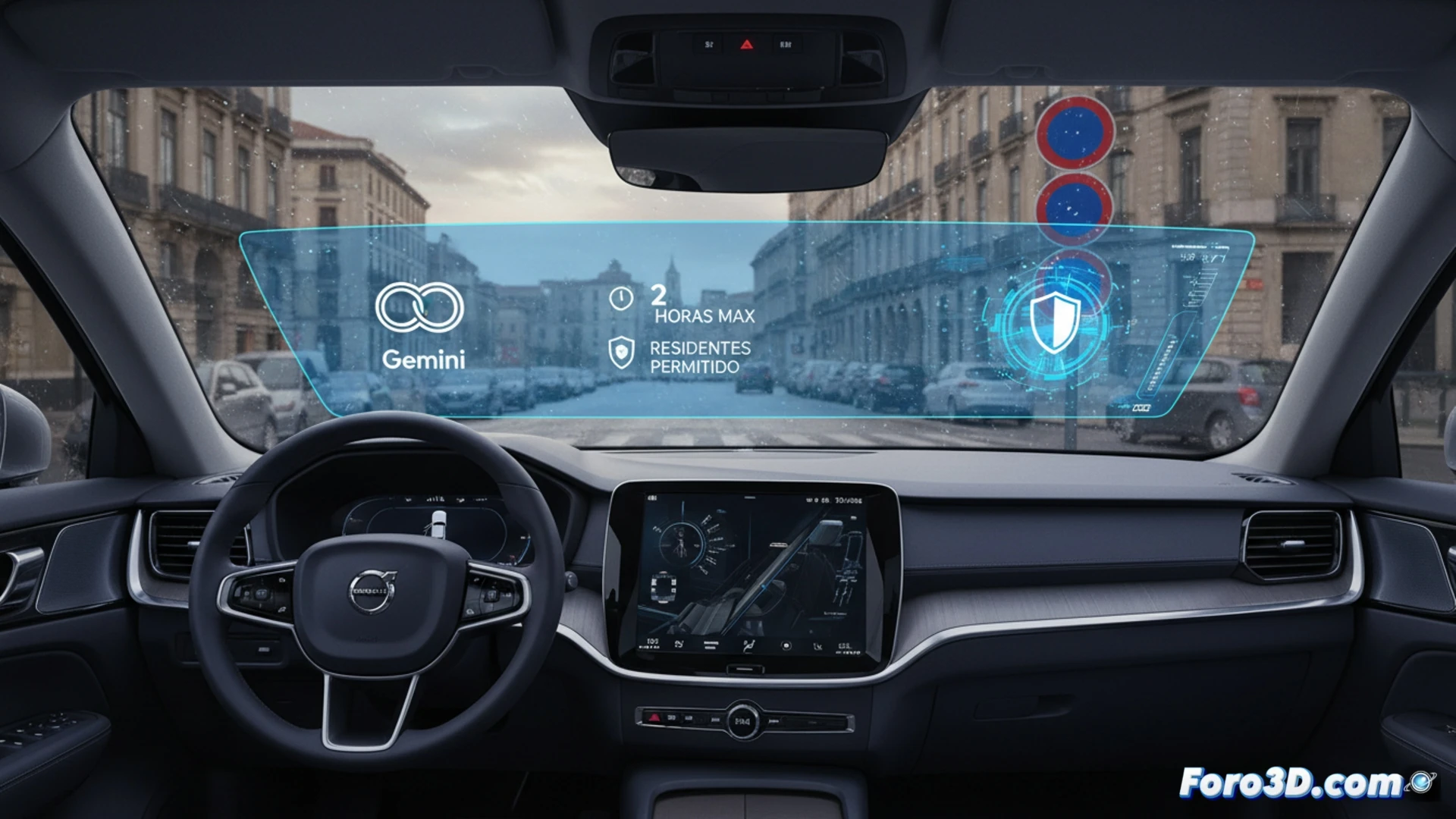 Volvo EX60 SUV driving through an urban street, front bumper camera actively scanning a confusing parking sign with multiple arrows and time restrictions, Gemini AI processing overlay shown as glowing holographic interface interpreting the sign, Snapdragon chip symbol glowing inside dashboard, wireless update icon pulsing, cinematic engineering visualization, realistic city lighting, motion blur on passing cars, ultra-detailed metal surfaces, photorealistic technical render