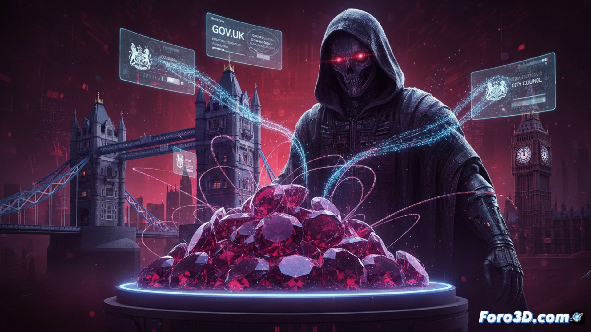 Una ilustración digital muestra un montón de gemas Ruby rojas brillantes, con una etiqueta que dice malware, rodeando un mapa del Reino Unido con iconos de ayuntamientos en alerta.