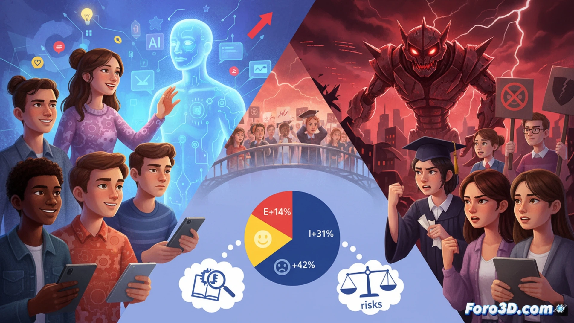 Photorealistic scene showing a Gen Z student in a modern classroom, hands gripping a laptop while an AI interface displays a warning icon, digital frustration lines radiating from the screen, scattered textbooks and a tablet with a crossed-out graduation cap, protest posters blurred in background, dramatic overhead lighting casting harsh shadows, cinematic technical illustration, ultra-detailed electronic components and keyboard keys, emotional tension visible through clenched fists and furrowed brows, realistic anxiety and anger conveyed through body language during a tense learning moment