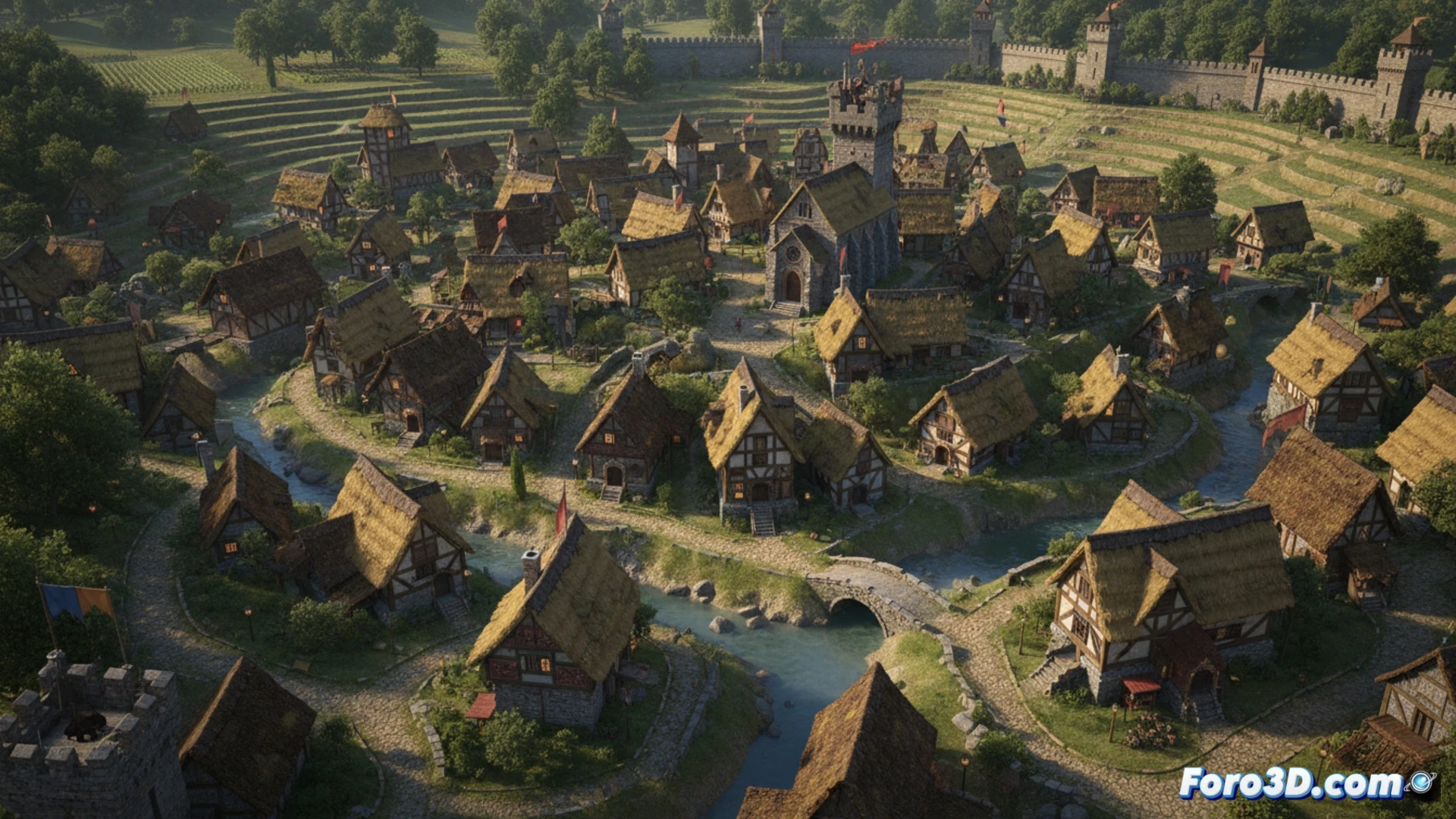 Aldea medieval generada proceduralmente en Hurricane Engine sin grid, integrada en terreno montañoso