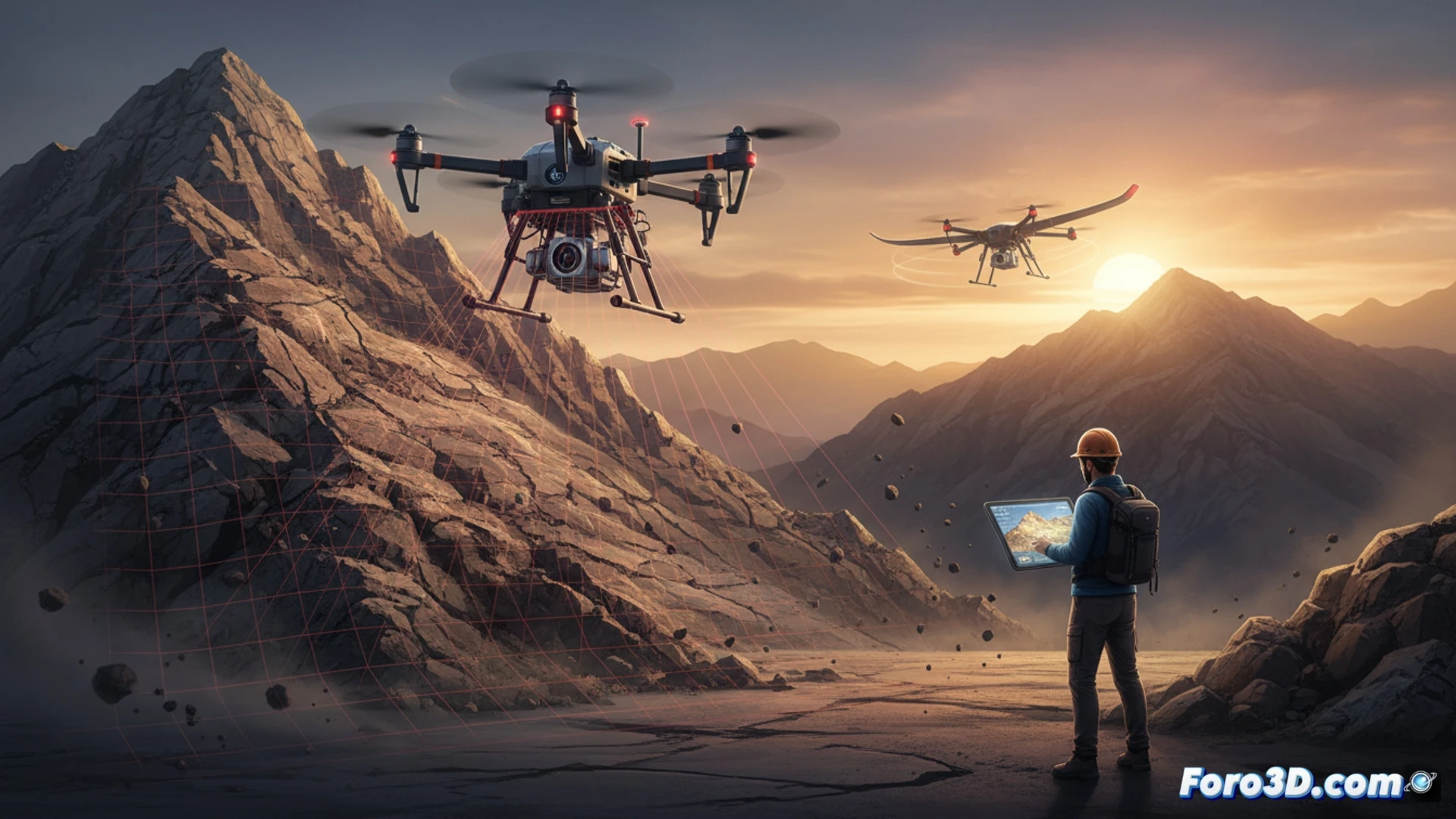 Geólogo usando drone y LiDAR en terreno montañoso para levantamiento 3D seguro y preciso