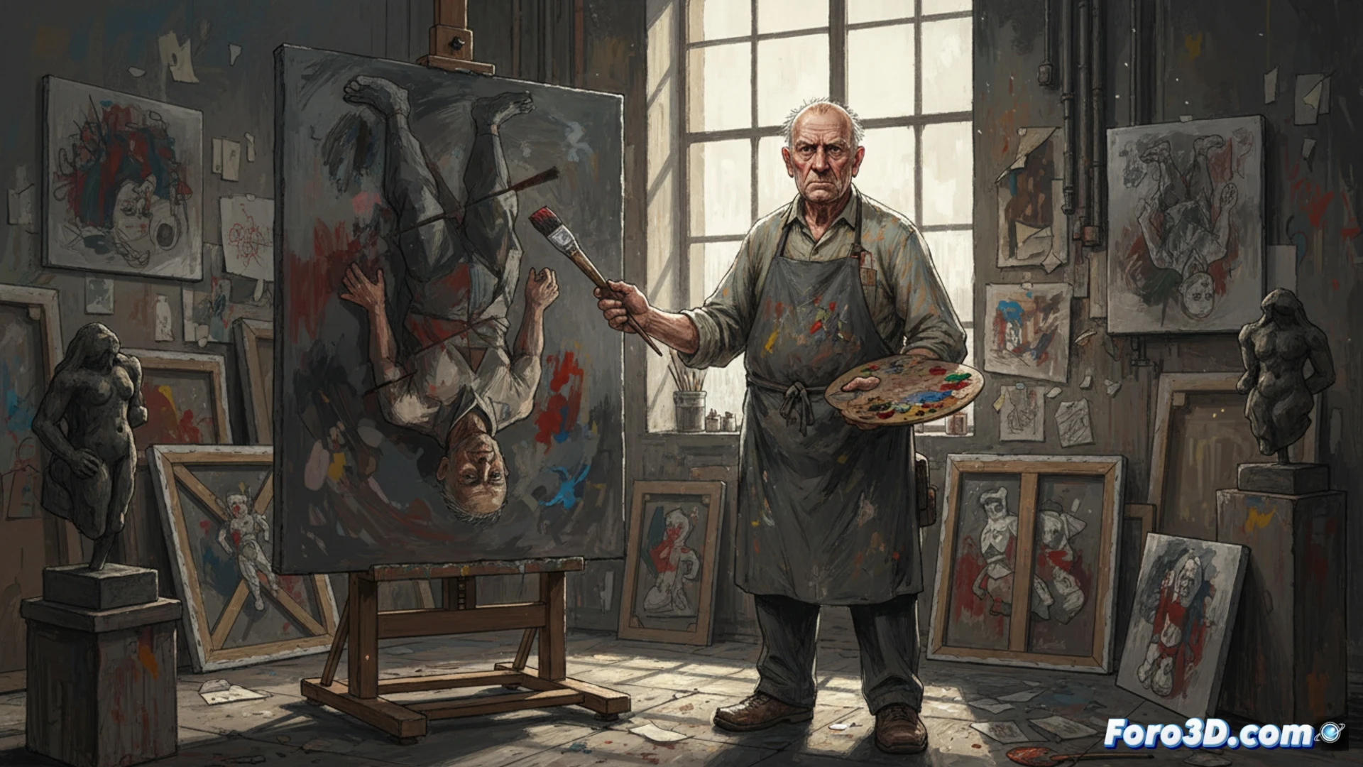 Un autorretrato de Baselitz con pincel, junto a un lienzo invertido de figuras rotas y colores densos.
