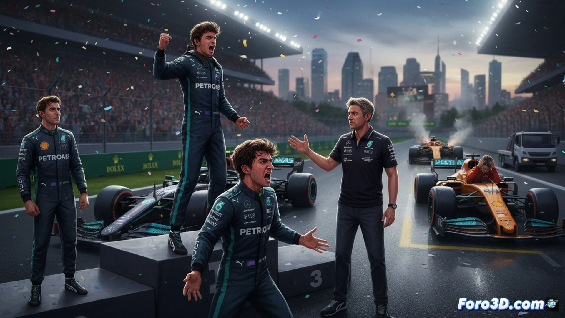 F1 sprint race action at Canadian Grand Prix, two Formula 1 cars side by side on wet grass at turn 6, silver Mercedes W16 with dirty front tire clipping green turf, trailing blue-and-black Mercedes sliding sideways losing rear grip, tire smoke and grass debris flying, pit wall showing Toto Wolff gesturing angrily, carbon fiber front wing detail, rain spray mist, dramatic overcast sky, cinematic motorsport photography style, high contrast lighting, ultra-detailed tire texture and aerodynamic elements, photorealistic technical illustration