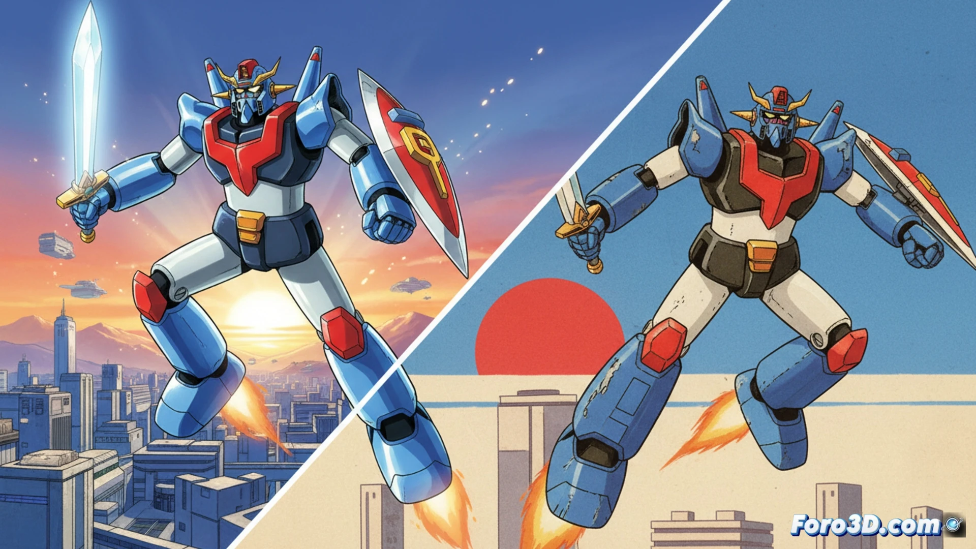 Descripción detallada para la imagen: Una pantalla dividida muestra el mismo robot anime setentero en combate: a la izquierda, animación clásica con colores desaturados y movimientos entrecortados; a la derecha, versión remasterizada con brillo HD y fluidez. El logo 'Geppy-X' y un botón de cambio en tiempo real aparecen en el centro. (118 caracteres)
