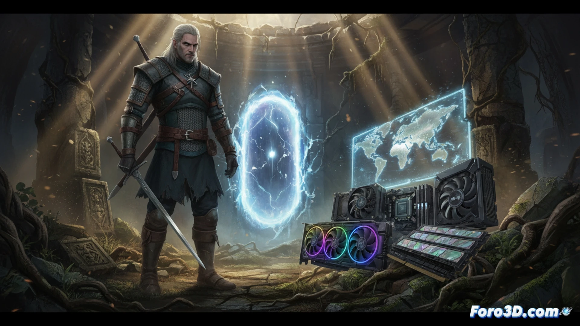 A gamer s hands on a mechanical keyboard, mouse cursor hovering over a system requirements window showing a CPU and GPU upgrade warning, a glowing motherboard with RAM sticks and a graphics card visible inside an open PC case, a stylized witcher medallion vibrating on the desk beside the monitor, cinematic photorealistic technical illustration, dramatic blue and amber lighting, dust particles floating in the air, hyper-detailed hardware components, action of checking and upgrading, process of hardware verification.