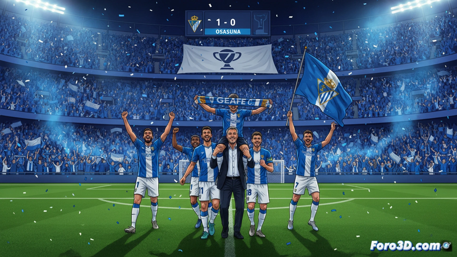 Estadio de fútbol nocturno iluminado, once jugadores del Getafe en formación defensiva compacta durante un saque de esquina, balón en trayectoria curva hacia el área, aficionados agitando bufandas azules en las gradas, césped con marcas de desgaste por el partido, banquillo con técnico José Bordalás gesticulando instrucciones, marcador electrónico mostrando minuto 89 y resultado 1-0, fotografía deportiva cinematográfica, profundidad de campo reducida, luces de estadio creando sombras dramáticas, textura detallada del césped y redes de la portería, realismo fotográfico ultradefinido.
