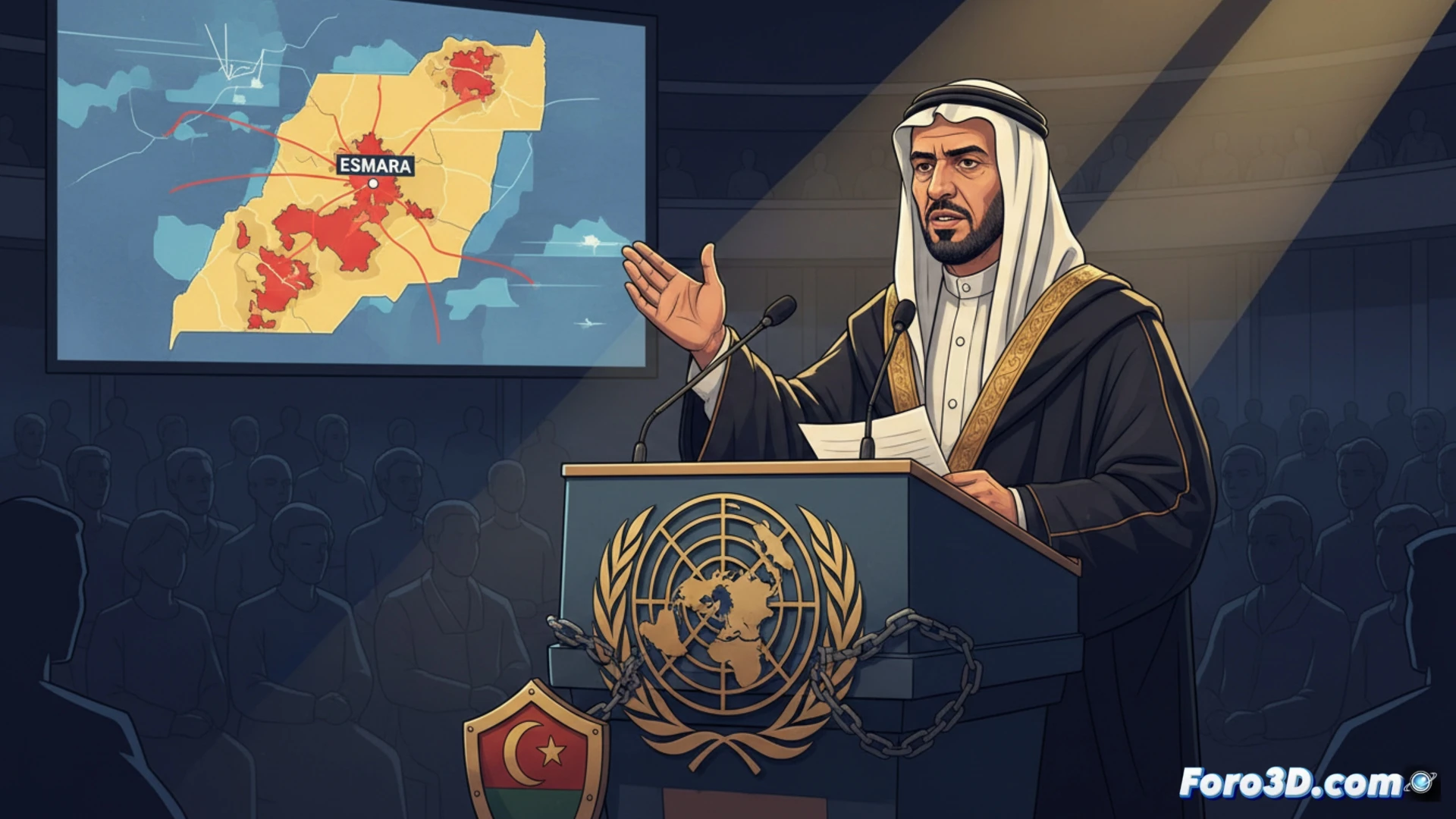 Un mapa del Sáhara Occidental con la zona de Esmara marcada en rojo, junto a una pluma y una carta de la ONU con el sello del Polisario, simbolizando la defensa de Ghali.