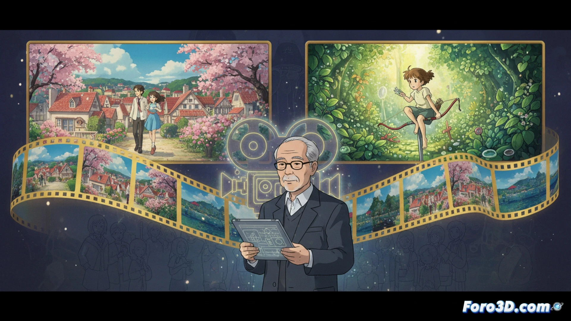 cinematic technical illustration, a film projectionist adjusting a 35mm film reel on a Steenbeck editing table, filmstrip frames showing scenes from Whisper of the Heart and The Secret World of Arrietty, a digital 4K remastering monitor displaying color grading waveforms and vectorscopes, Okui’s hands holding a loupe over a film negative, photorealistic engineering visualization, dust particles in light beam, vintage editing room with exposed film canisters, dramatic side lighting, metallic reel edges, technical precision