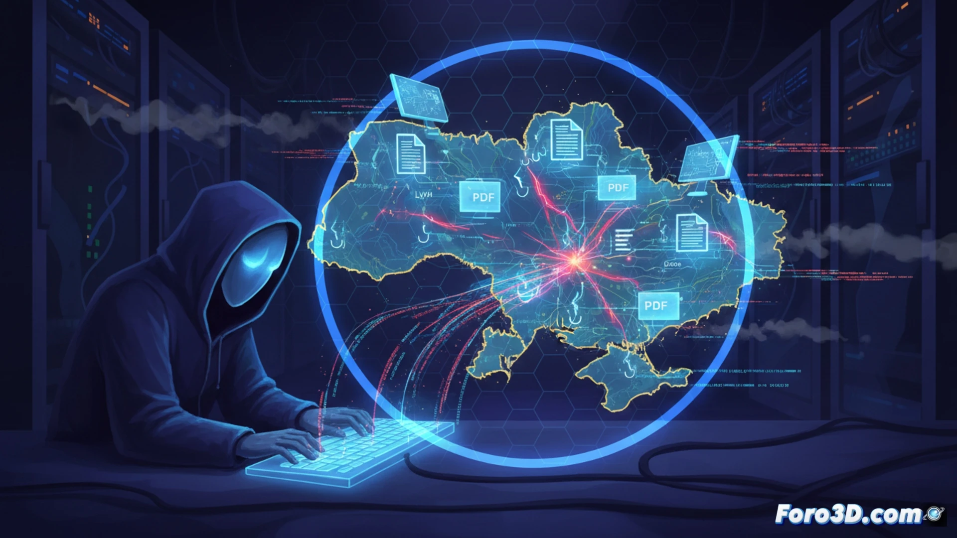 geolocalized cyber attack visualization, Ukrainian government building silhouette in background, malicious PDF file glowing red on laptop screen, Cobalt Strike payload deploying through geofence activation, digital map of Ukraine with targeting zone highlighted, hacker interface showing compromised systems, phishing email with malicious attachment being opened, network traffic lines converging on server, cinematic cyber security illustration, dark blue and red color scheme, glowing data streams, technical threat analysis scene, photorealistic digital art