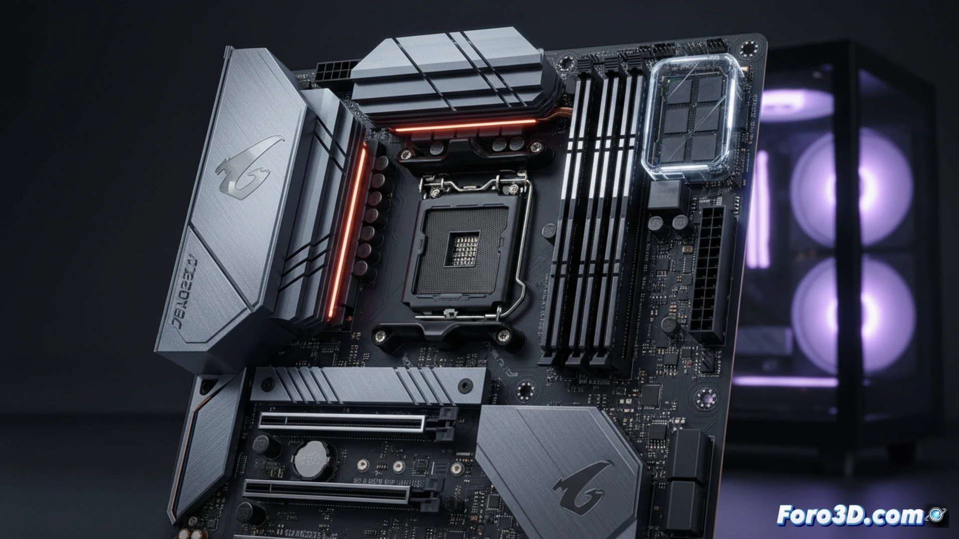 close-up of a Gigabyte Z890 AORUS MASTER motherboard mounted inside a high-performance PC build, five M.2 SSDs being installed into their slots with thermal pads and heatsinks visibly positioned, a Core Ultra processor hovering above the LGA socket ready for insertion, engineer hands using a screwdriver to secure a drive while monitoring thermal airflow patterns on a diagnostic screen, photorealistic technical illustration, bright studio lighting reflecting off metallic heatsinks and capacitors, pristine motherboard surface with intricate circuit traces, dramatic depth of field, engineering visualization style, action of assembly and heat management demonstration