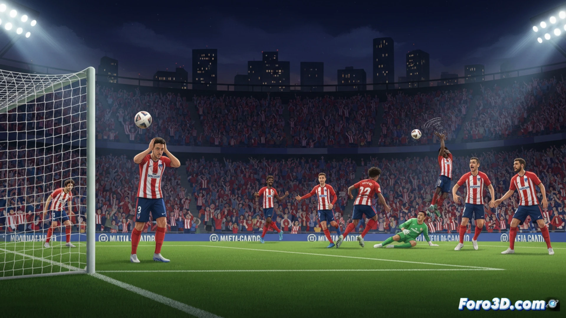 Girona attacking player Bryan Gil dribbling down left wing with intense focus, Atlético defender sliding for a tackle, ball entering penalty area near Hancko and Lookman, Hancko heading ball against goalpost, ball rebounding to Lookman who taps it into empty net, Griezmann in background with raised arm, Montilivi stadium crowd reacting, cinematic football match moment, photorealistic sports photography, dramatic floodlight shadows, sweat droplets visible, grass blades flying, motion blur on ball trajectory, ultra-detailed player expressions, high dynamic range lighting, technical action freeze-frame.