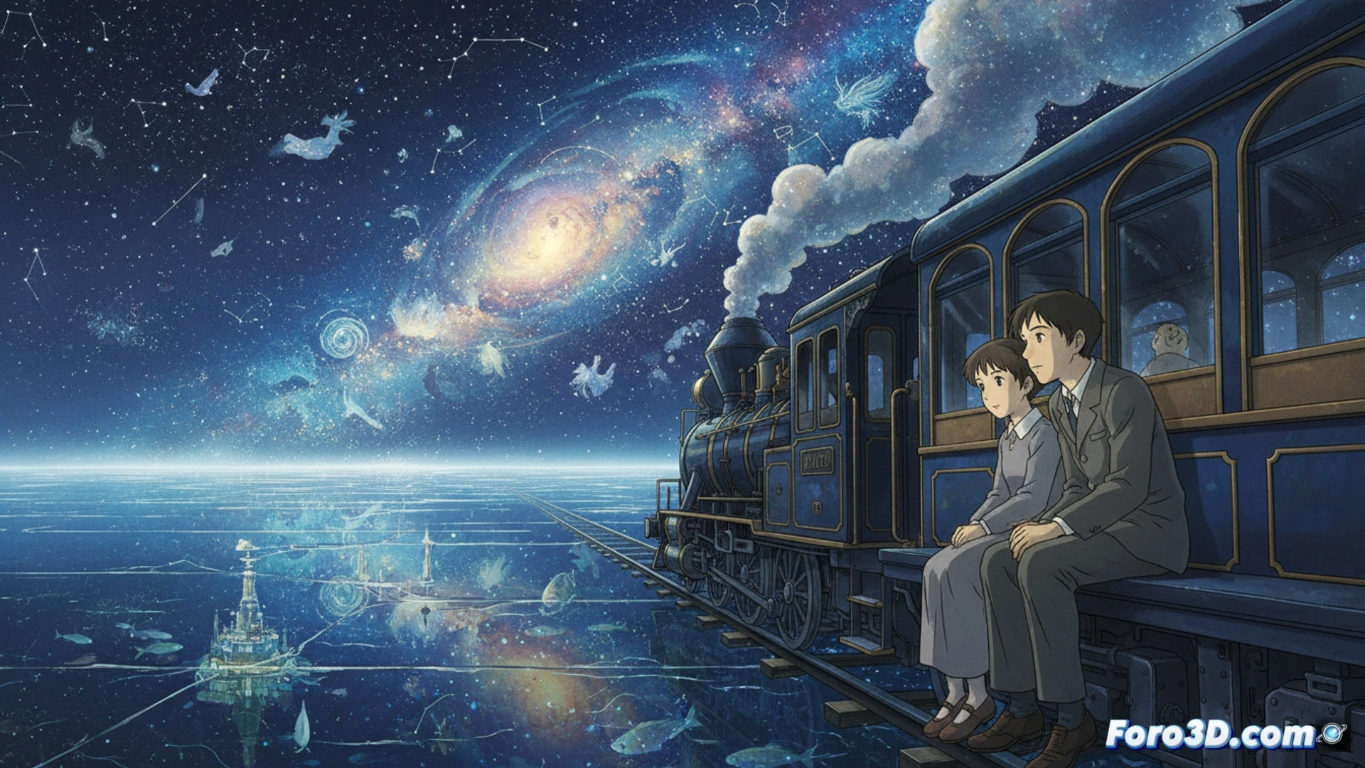Un anciano dibujante observa un paisaje estrellado, con un tren plateado cruzando el cielo nocturno, pincel y tintero en mano.