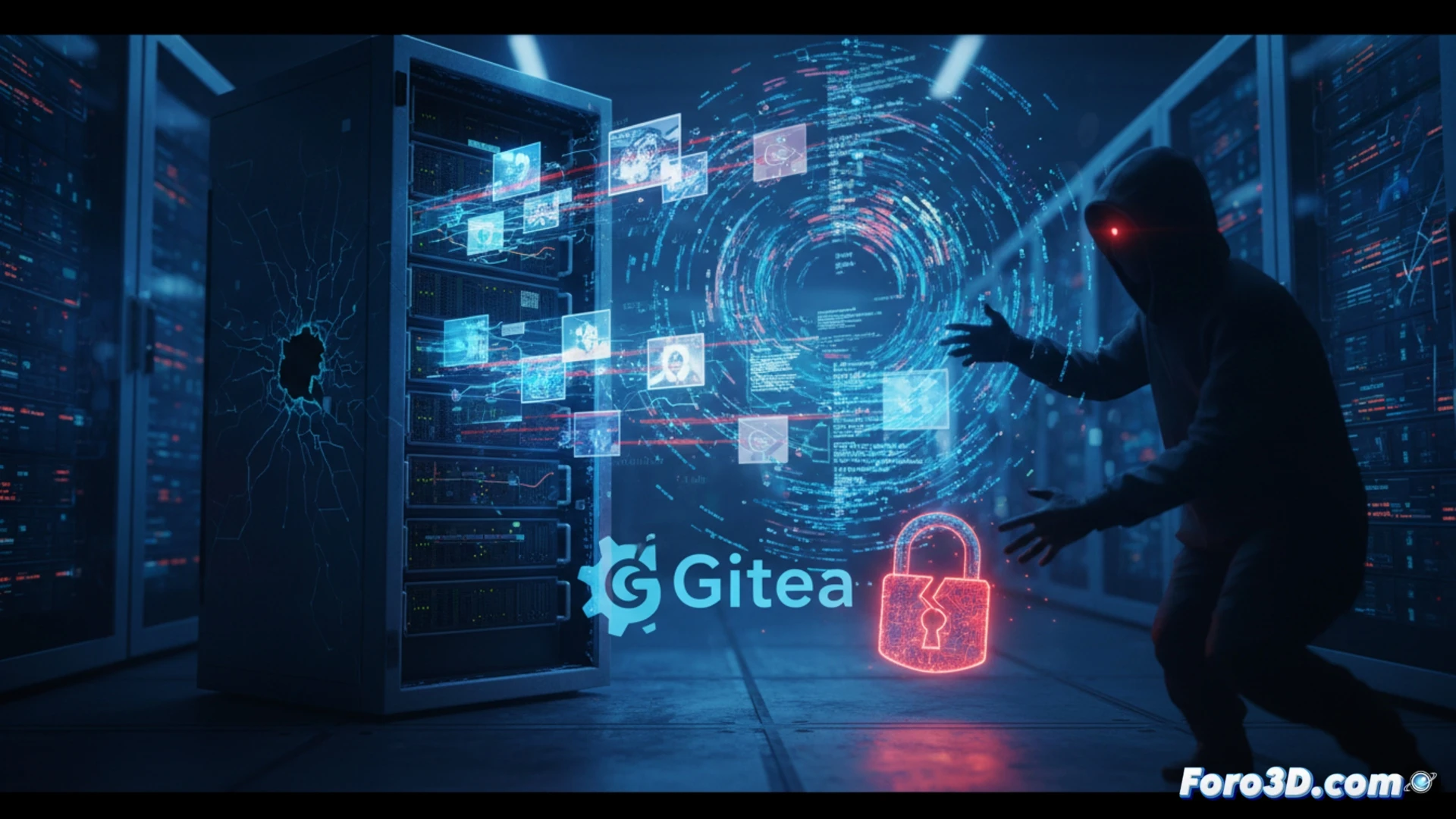 server rack with exposed container registry interface, padlock icon cracking open above Gitea logo, anonymous user silhouette reaching for private Docker image layers, glowing red unauthorized access alert, network cables connecting to vulnerable storage volumes, terminal window showing missing authentication token, cinematic cybersecurity visualization, dark server room with blue LED lighting, holographic data streams leaking between servers, dramatic shadows on metallic surfaces, photorealistic technical illustration, detailed motherboard traces and cloud storage symbols