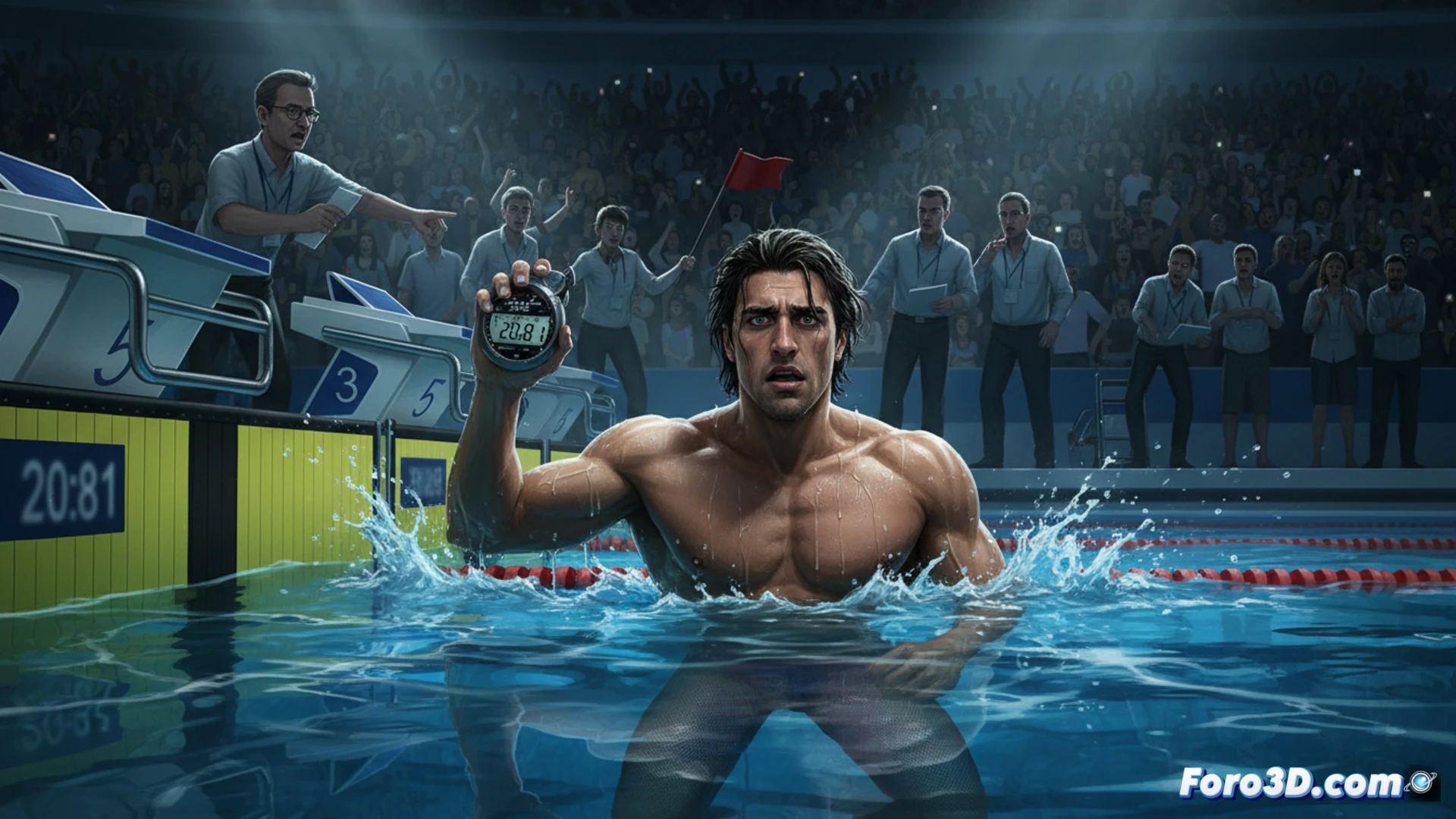 Swimming pool starting block and lane line at competition, male swimmer mid-stroke in 50-meter freestyle race, wristwatch frozen at incorrect time before wall touch, digital timing board showing 20.81 seconds with error symbol, transparent swimsuit with illegal texture pattern, water splash around arm entry, stopwatch device held by official with suspicious glance, underwater camera rig capturing side angle, metallic lane rope and tile reflections, cinematic photorealistic visualization, motion blur on swimmer’s cap and goggles, dramatic poolside lighting, greenish water subsurface, technical detail on timing sensor malfunction, ultra-sharp focus on watch face and timing equipment