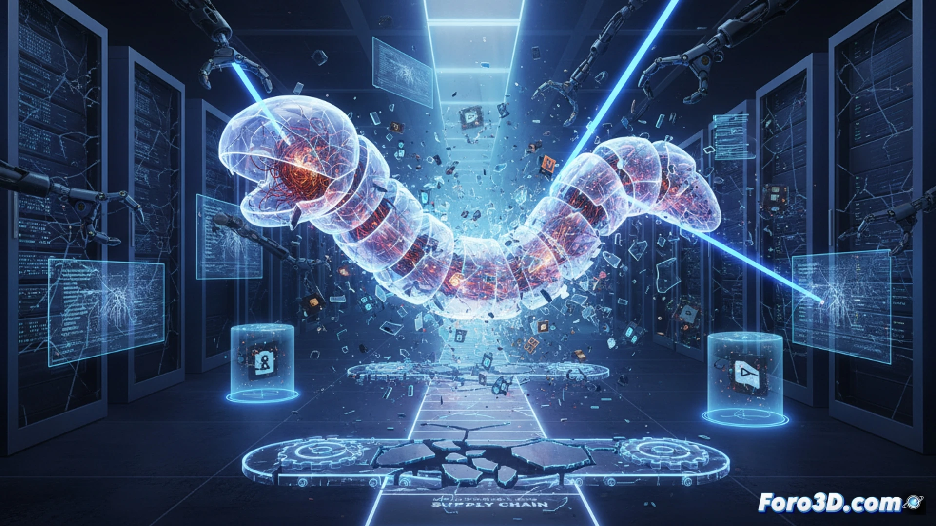 Cyber attack on software supply chain, malicious code injection into developer IDE, fake update notification window on laptop screen, compromised package repository servers being seized by digital lock icons, glowing red data streams flowing from developer workstation to dark server cluster, cinematic technical illustration, photorealistic engineering visualization, detailed network topology with infected nodes highlighted in crimson, broken chain link symbol between software components, dramatic overhead lighting on server racks, ultra-detailed motherboard traces showing malware propagation path, wireframe-style security breach overlay