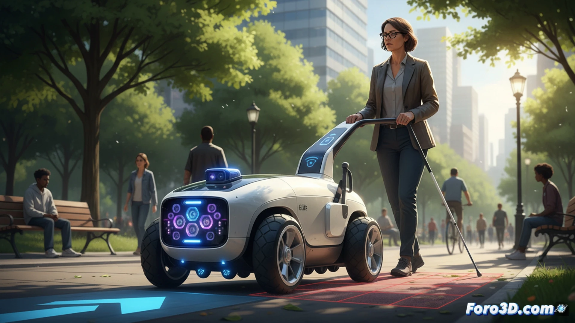 Robot Glide guiando a persona ciega por la calle, sensores LiDAR y cámaras visibles, diseño moderno y ergonómico