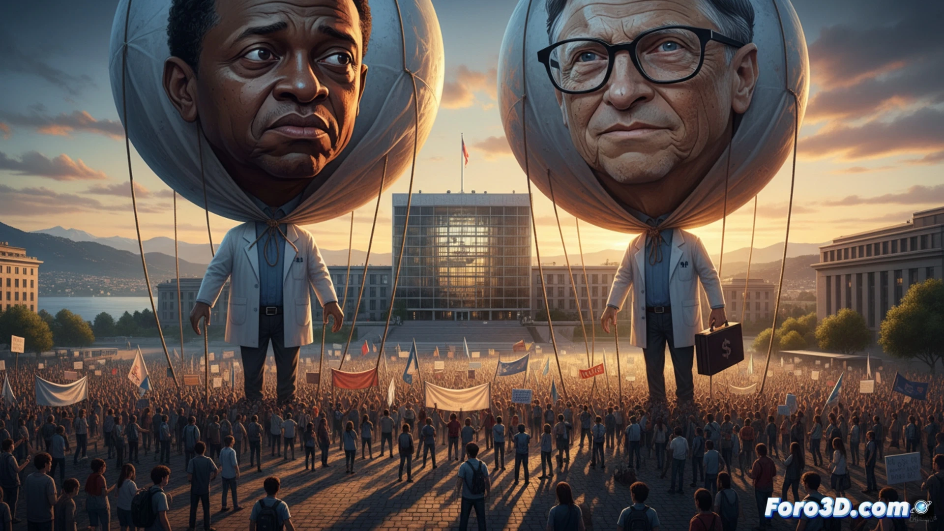 photorealistic wide-angle scene of massive inflatable figures of Tedros and Bill Gates looming over UN headquarters in Geneva, activists holding ropes while giant balloons sway in wind, crowd of protesters with signs beneath grey sky, dramatic lighting casting long shadows, detailed fabric texture on balloons showing seams and reflections, technical illustration style, ultra-realistic architectural background of Palais des Nations, motion blur on waving flags, cinematic depth of field, high-contrast industrial atmosphere