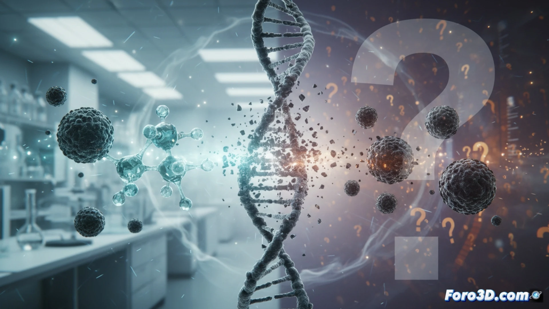 Una pregunta científica sin respuesta: una mano sostiene una jeringa de Ozempic frente a un microscopio y un fondo de células cancerosas borrosas.
