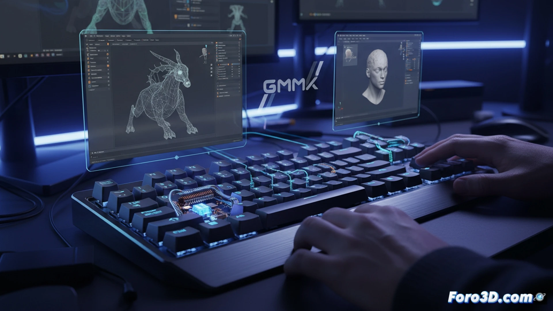 Teclado GMMK 3 HE con interruptores magnéticos y retroiluminación RGB en escritorio de modelado 3D