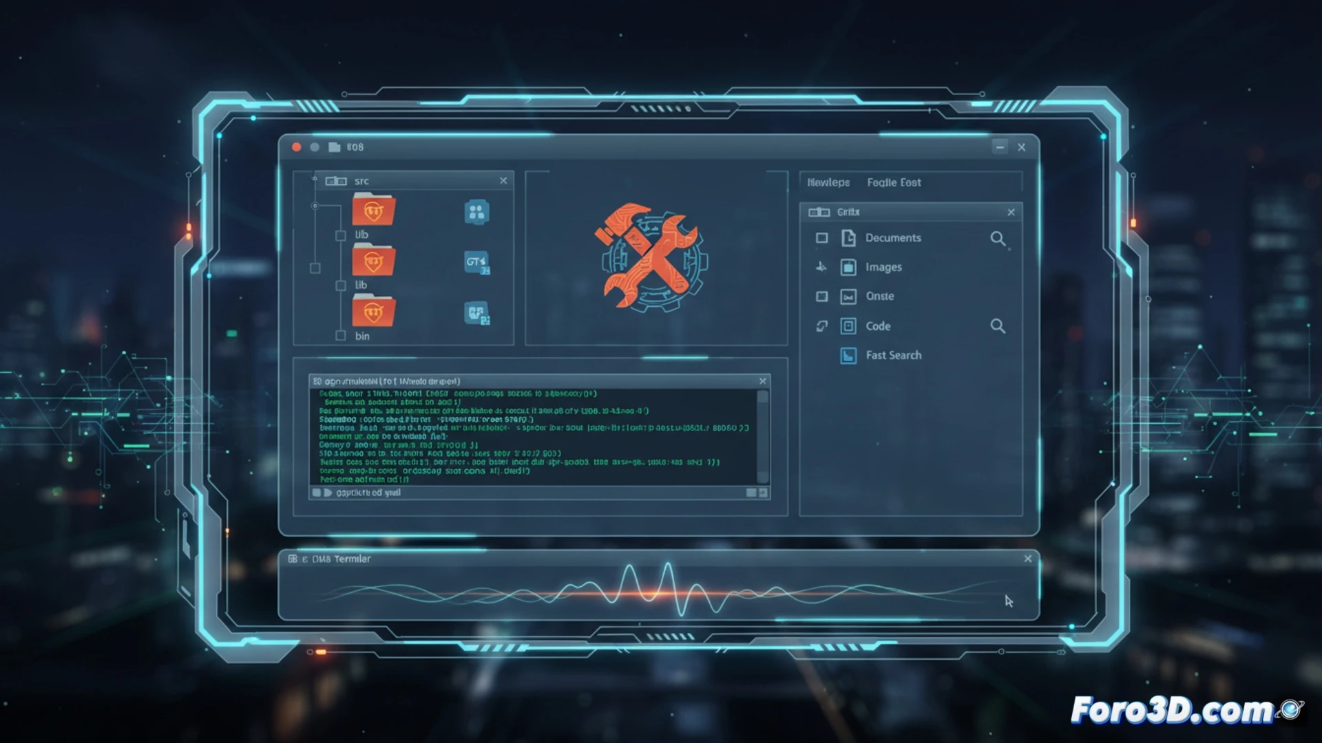 GNOME Commander dual-panel file manager interface rendered as a futuristic holographic display, left panel showing directory tree with folder icons, right panel displaying file list, integrated terminal panel at bottom with blinking cursor and command prompt, glowing blue GTK4 widgets, Rust programming language logo embedded as translucent watermark, Wayland protocol indicator as subtle icon, search bar with animated magnifying glass showing rapid filtering process, photorealistic technical illustration, dark mode UI with neon accent lighting, floating file transfer progress bars, ultra-sharp pixel grid details, cinematic sci-fi interface visualization
