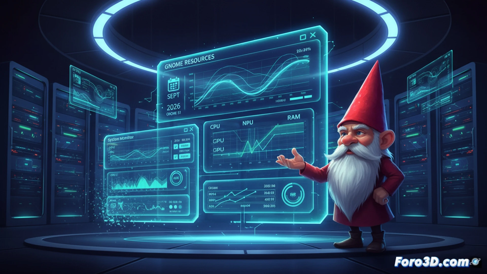 GNOME Resources interface displaying real-time system monitoring, CPU load graph spiking, GPU power consumption rising, NPU activity indicator pulsing, System Monitor window fading into background with dust particles, modern flat UI design, smooth transition animation, dark mode theme, glowing neon blue accent lines, technical illustration style, clean minimal workspace, subtle motion blur, data streams flowing between components, ultra-detailed pixel-perfect icons, cinematic lighting on desktop environment
