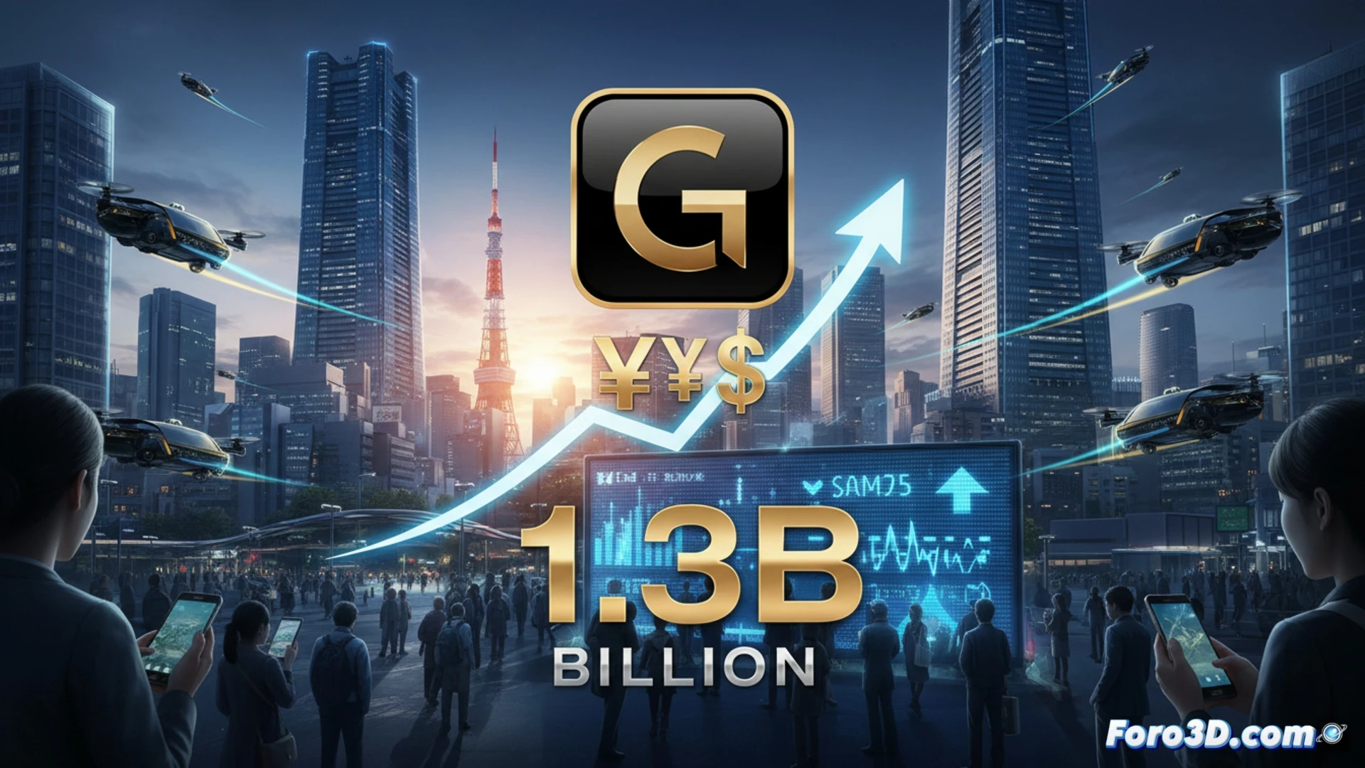 Un taxi digital con la app GO brillando sobre Tokio, monedas de oro y el logo de Goldman Sachs al fondo.
