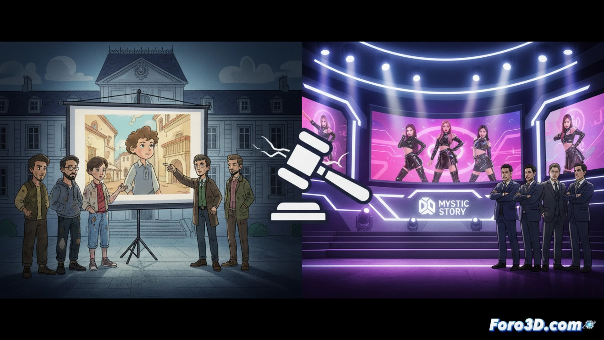 Un cartel partido muestra a la izquierda el corto animado 'Niccolò' de Gobelins y a la derecha el teaser de Billlie, con flechas rojas señalando similitudes idénticas.