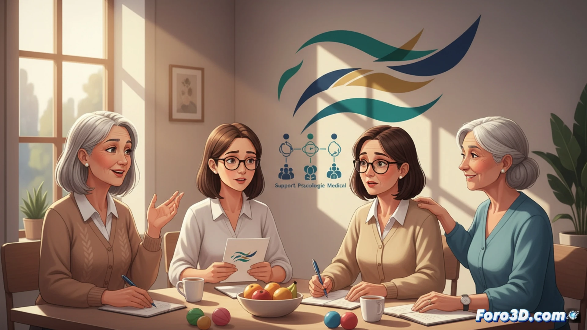 women aged 40-70 sitting in a medical consultation room, a doctor showing a tablet with lung health data, a pack of cigarettes being crushed in a hand, stress reduction techniques demonstrated with a brain scan visualization, psychological support tools visible on a desk, personalized treatment plan graph on screen, photorealistic medical illustration, soft clinical lighting, warm tones contrasting with blue medical charts, realistic anatomical models in background, cinematic health campaign visual