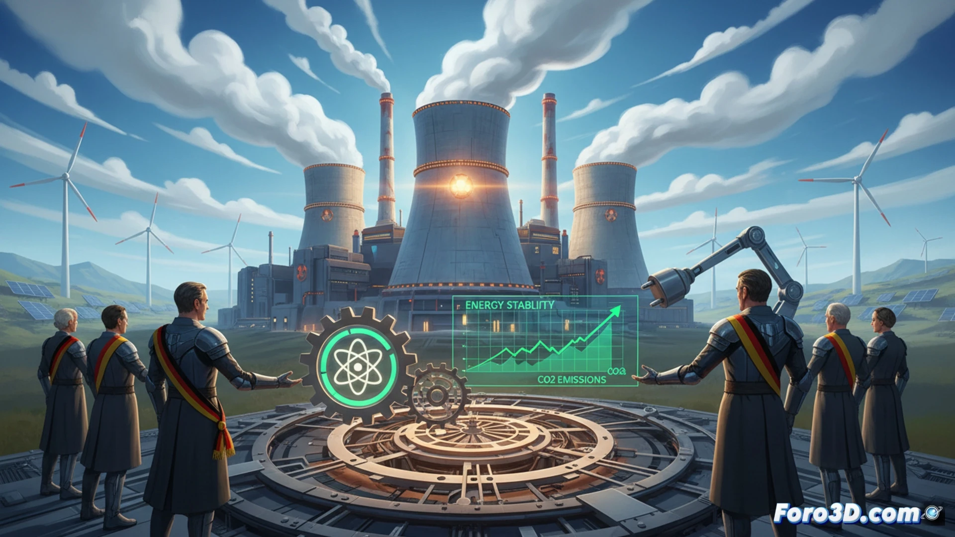 Una imagen que muestre un paisaje industrial al atardecer, con una central nuclear activa emitiendo vapor blanco desde sus torres de refrigeración, rodeada de líneas eléctricas de alta tensión. En primer plano, un cartel de obra con la palabra 'REVISIÓN' sobre un calendario tachado, simbolizando el retraso en el cierre. Al fondo, turbinas eólicas y paneles solares sugieren la mezcla energética. La escena transmite la tensión entre el abandono nuclear y la necesidad de energía estable.