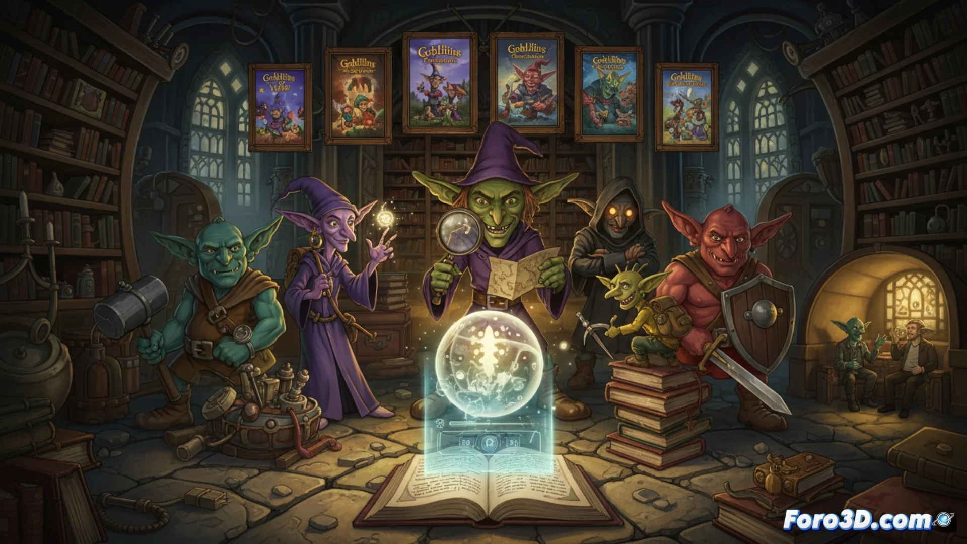 Retro gaming collection interface on a modern console screen, hand cursor clicking a pixelated goblin character from a 1991 point-and-click adventure, game selection menu showing six titles in a vertical timeline, vintage CRT monitor glowing beside a PlayStation 5 controller, comic strip panels and music player icons floating around the screen, nostalgic pixel art style mixed with photorealistic console hardware, warm amber and neon blue lighting, detailed plastic texture on controller buttons, subtle scanline effect on the retro game display, cinematic technical illustration