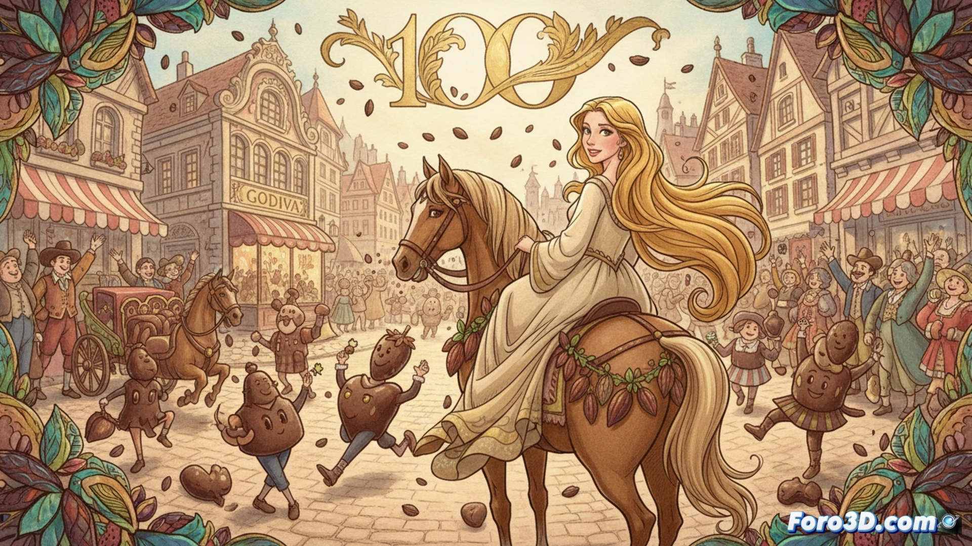 Una escena nostálgica dibujada a mano: Lady Godiva cabalga sobre un fondo de cacao y recuerdos. Colores sepia, trazos suaves y una caja de chocolates abierta evocan el legado artesanal de Godiva.