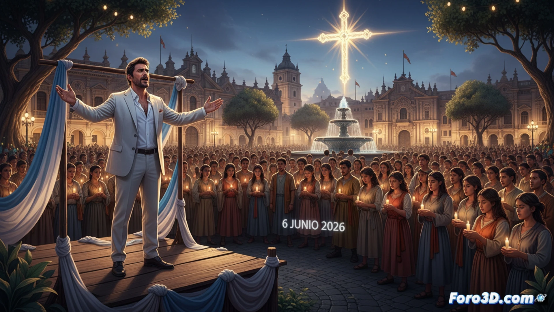 Una vibrante escena nocturna en la Plaza de Lima, con Antonio Banderas dirigiendo jóvenes actores en una vigilia de oración teatral, iluminados por velas y luces cálidas bajo un cielo estrellado.