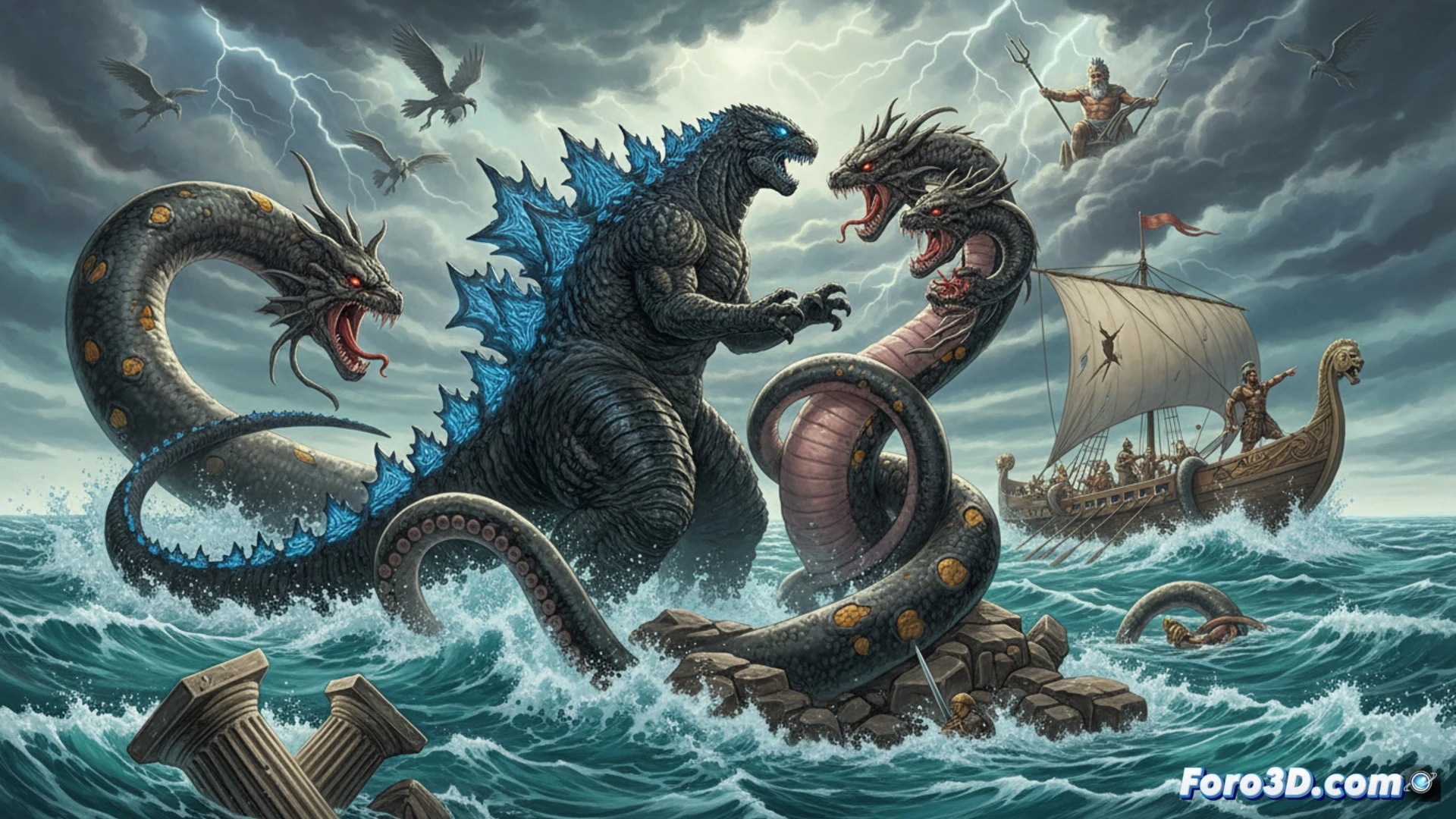 Godzilla emerge del mar junto a Odiseo, enfrentando a un cíclope gigante bajo un cielo tormentoso, con naves griegas al fondo.