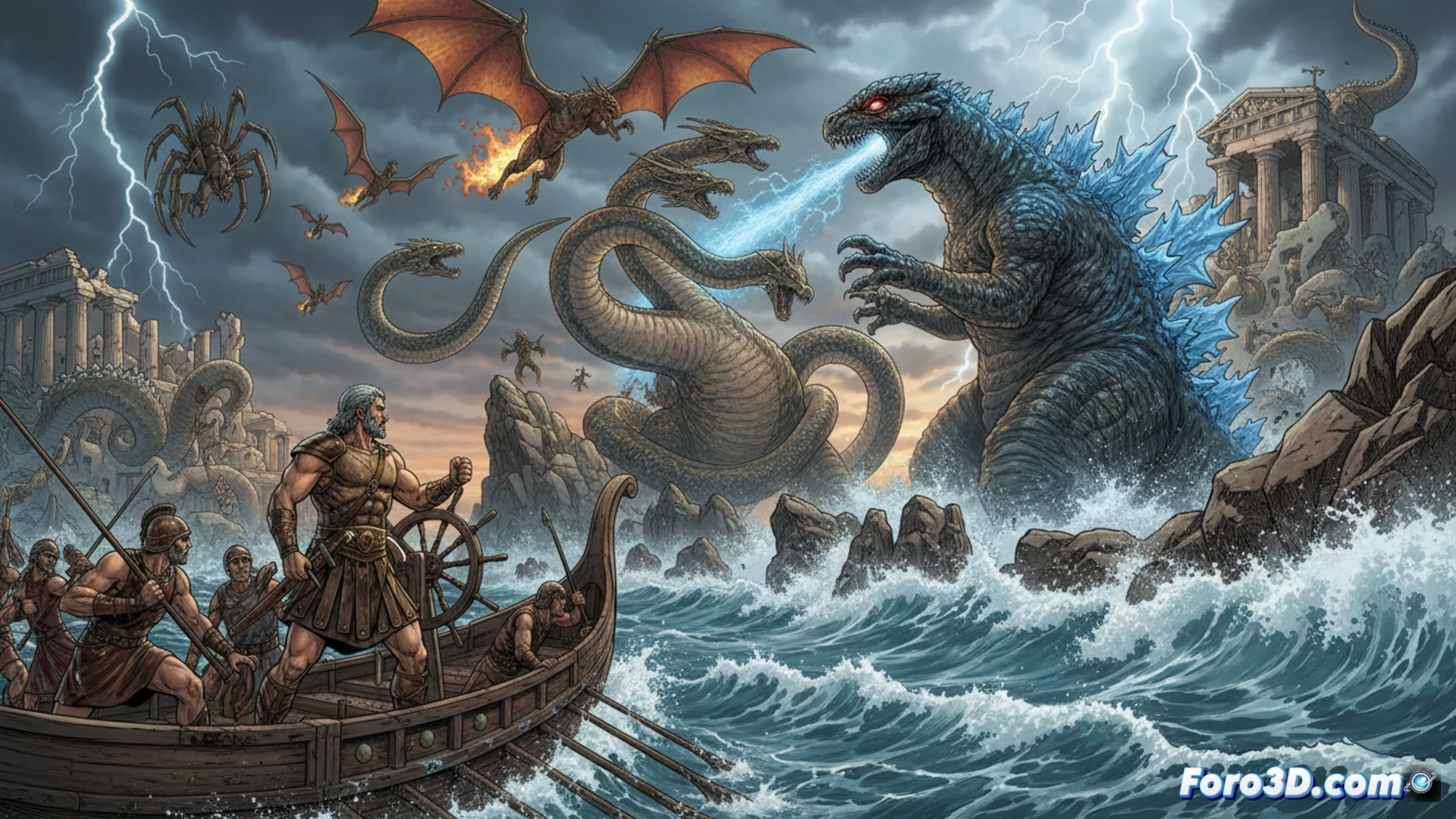Descripción (96 caracteres): Portada épica con Godzilla alzándose sobre un barco griego bajo un cielo tormentoso y ruinas en llamas.