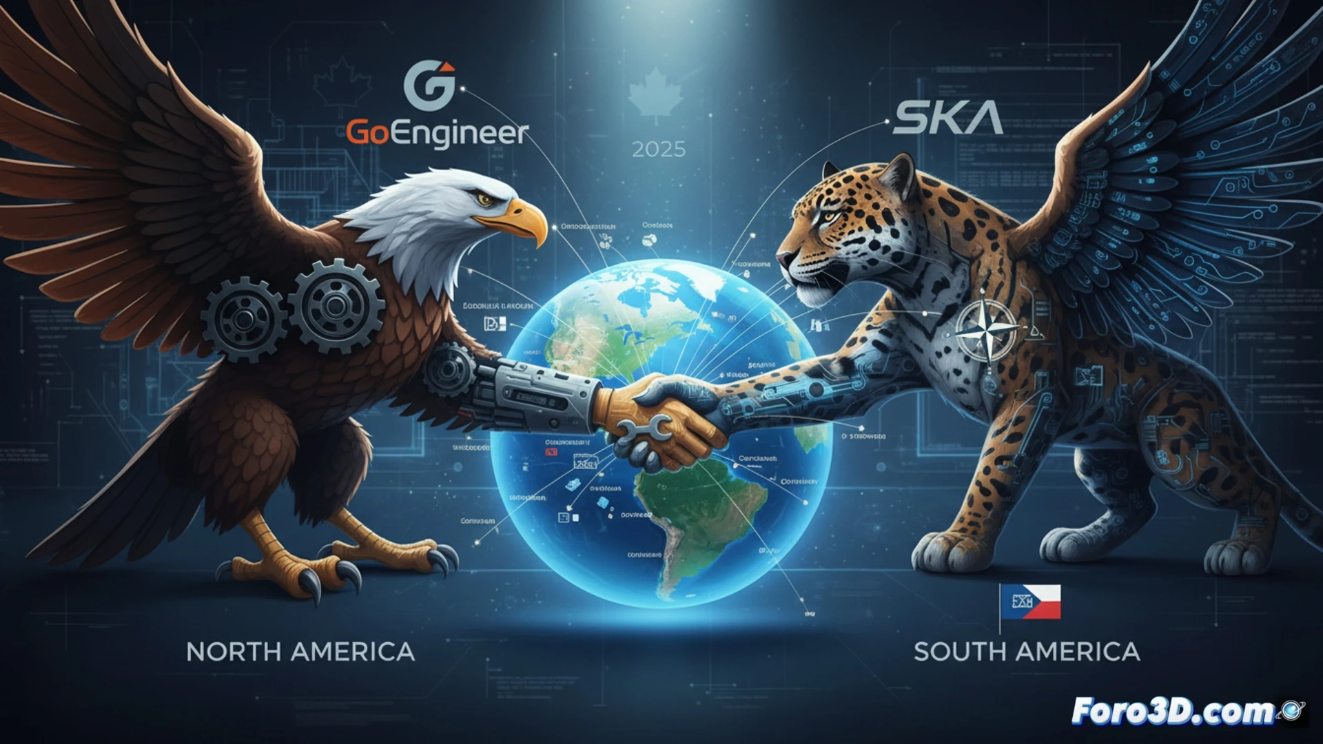 aerospace engineer adjusting SOLIDWORKS 3D model on dual monitors, while colleague points at Latin America expansion map projected on glass wall, GoEngineer and SKA logo patches on their polo shirts, 3D printed Stratasys prototype on desk, Bright Laser Technologies metal part glowing in background, blueprint spreadsheets visible, cinematic engineering visualization, warm industrial office lighting, photorealistic technical render, reflective surfaces, precise mechanical details