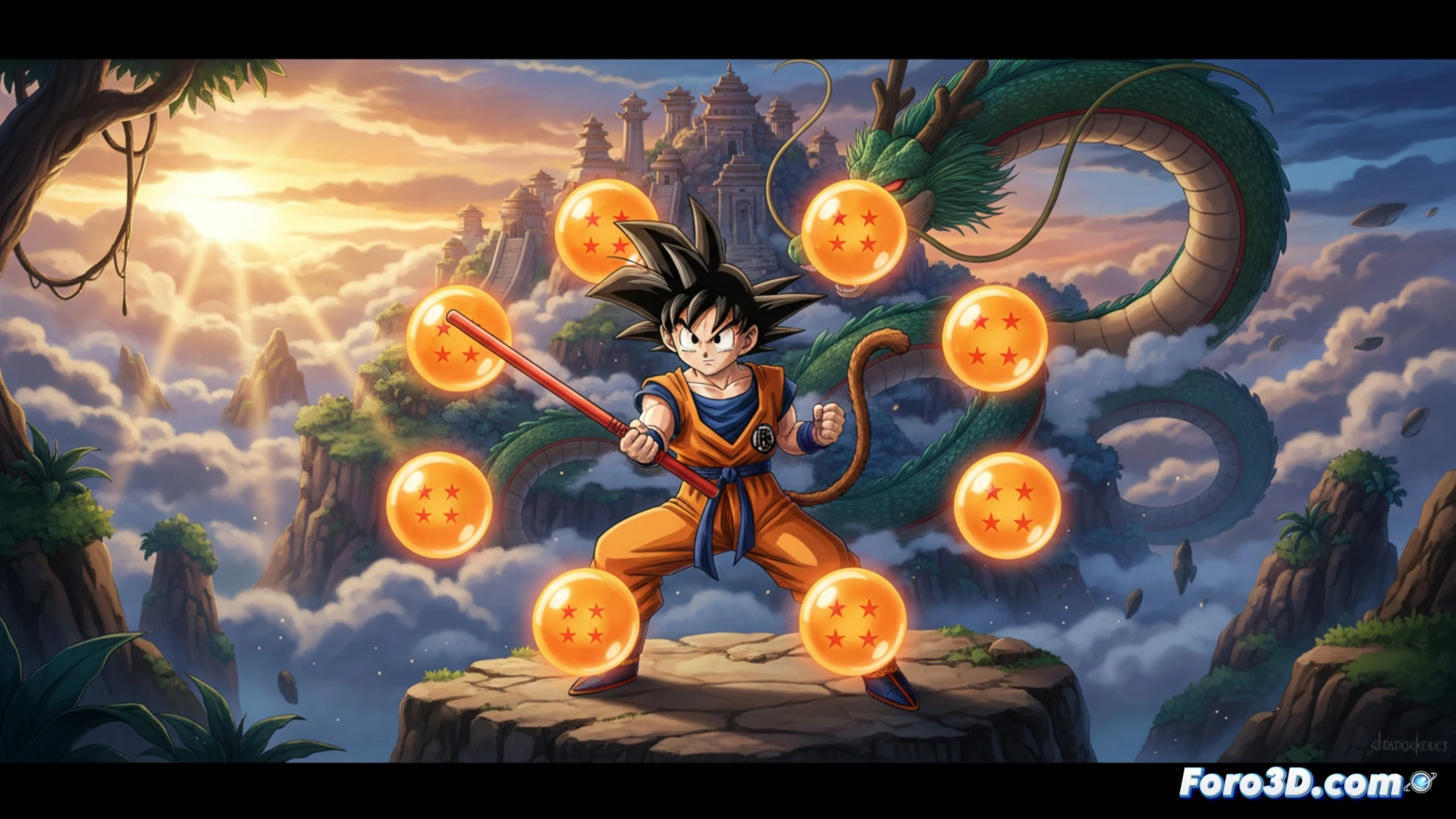 Goku niño, con cola de mono y bastón, mira hacia el horizonte junto a Bulma en una montaña.