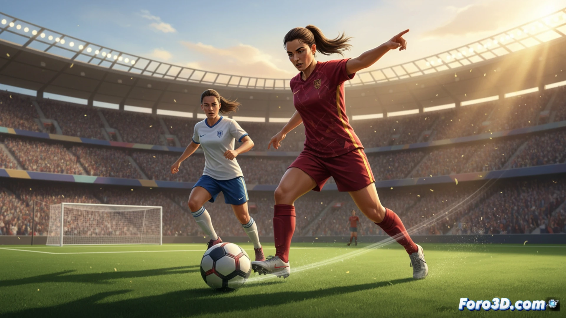 Una futbolista celebra un gol con el puño en alto, rodeada de compañeras. Al fondo, un estadio lleno y un marcador con su récord. La imagen transmite liderazgo, técnica y el ascenso del fútbol femenino.