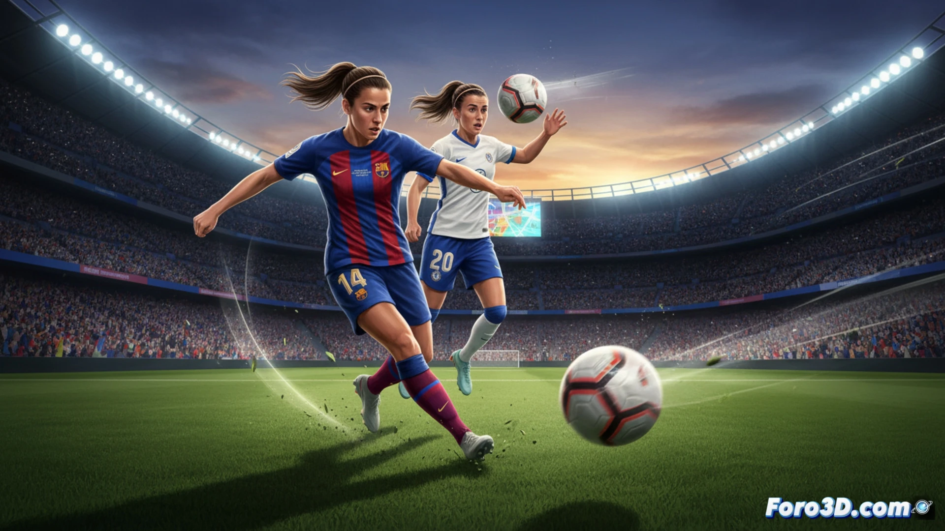 Descripción: Dos futbolistas, Aitana Bonmatí y Sam Kerr, disparan al arco con precisión. El estadio iluminado resalta su puntería definiendo temporadas.