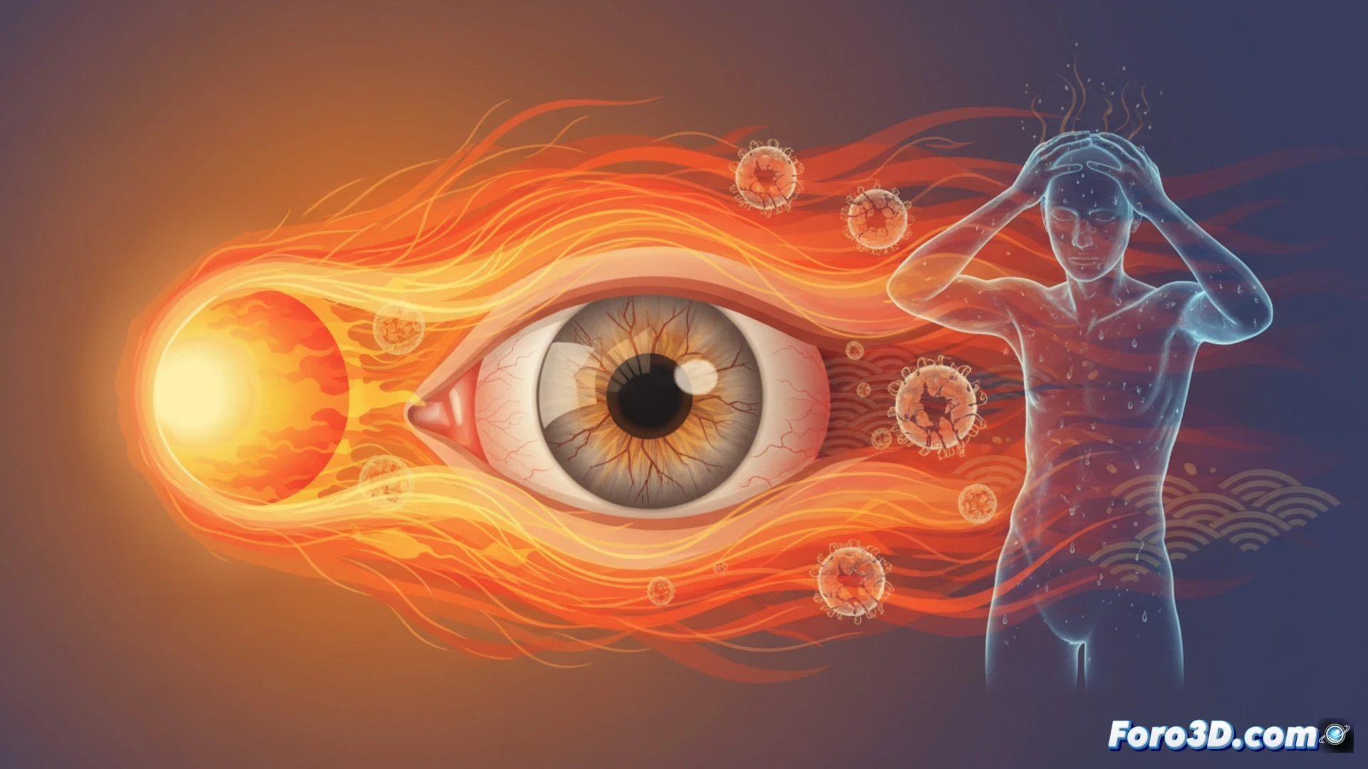 Gráfico con termómetro rojo sobre ojo humano. Un cristalino nublado y partículas de calor elevan el riesgo de cataratas.